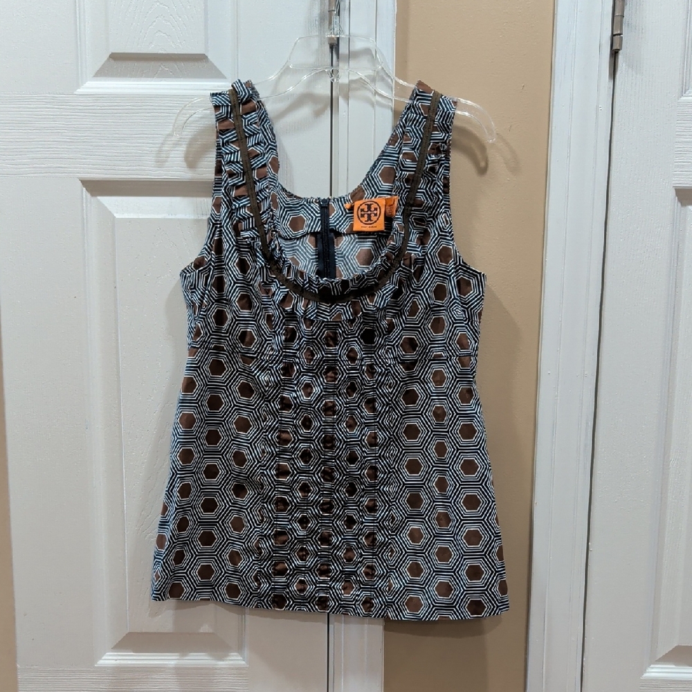 Tory Burch Brown & Blue Geometric Tank Top